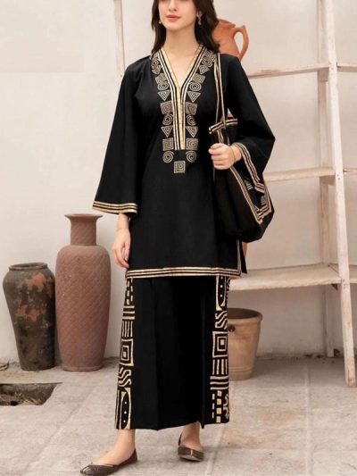 Stitched Block Print Cotton Dress With Cotton Bag
