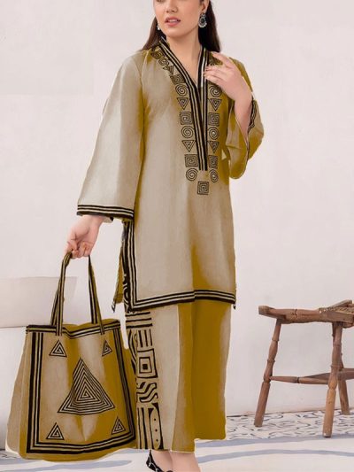 Stitched Block Print Cotton Dress With Cotton Bag mix