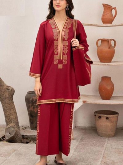Stitched Block Print Cotton Dress With Cotton Bag red