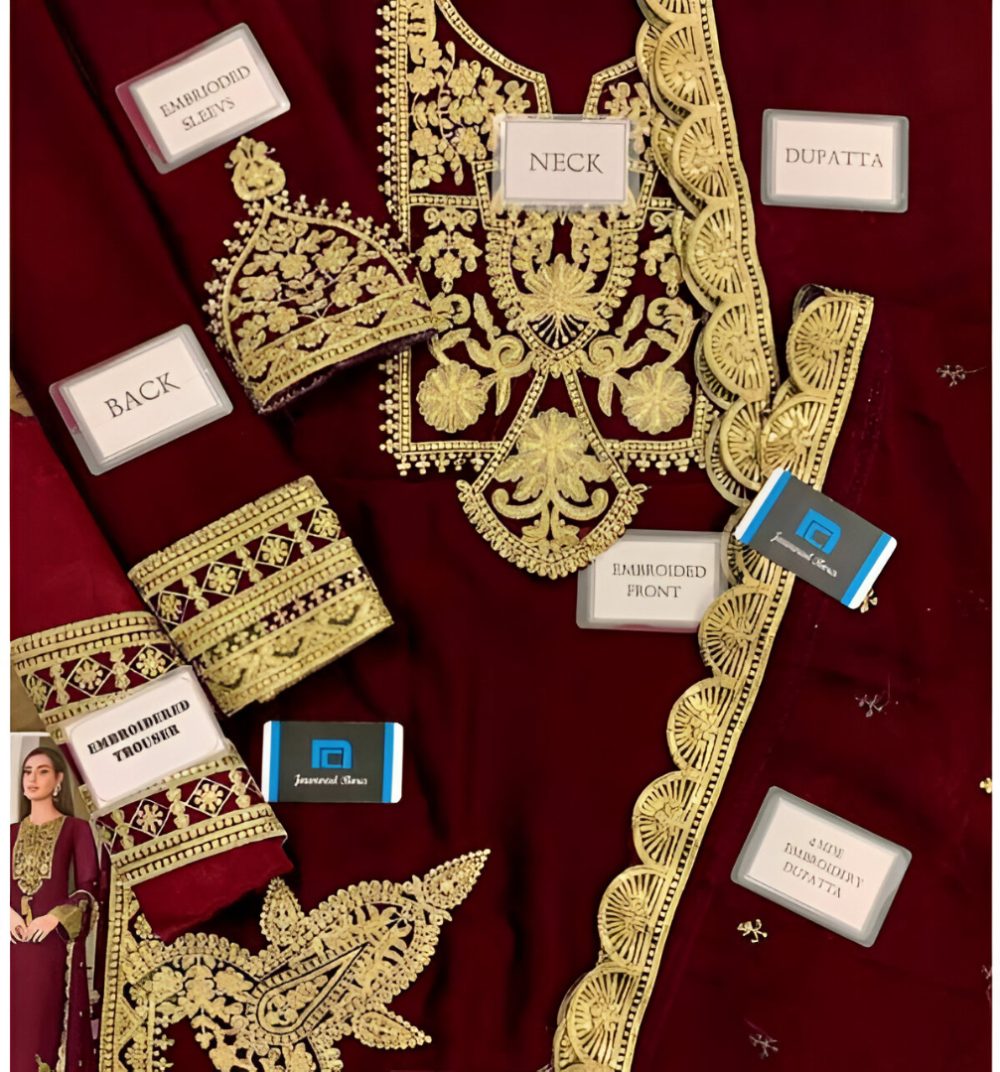 Asim Jofa Chiffon Heavy Embroidered Dress Chiffon Embroidery Dupatta Plain Trouser (UnStitched) (ST125) - Image 3