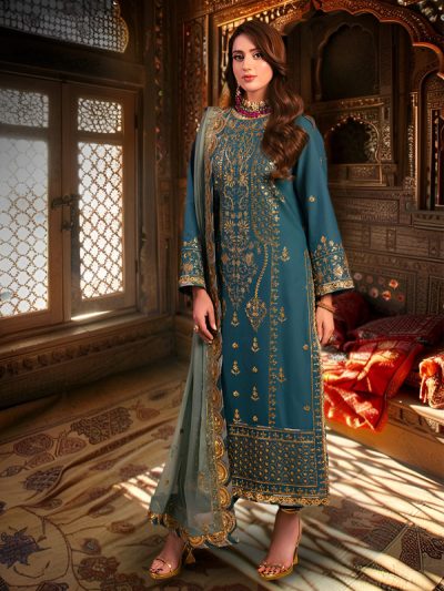 Asim Jofa Original Elegant Green Luxury Embroidered 3-Piece Suit on Jumbo Silk with Chiffon Dupatta Unstitched