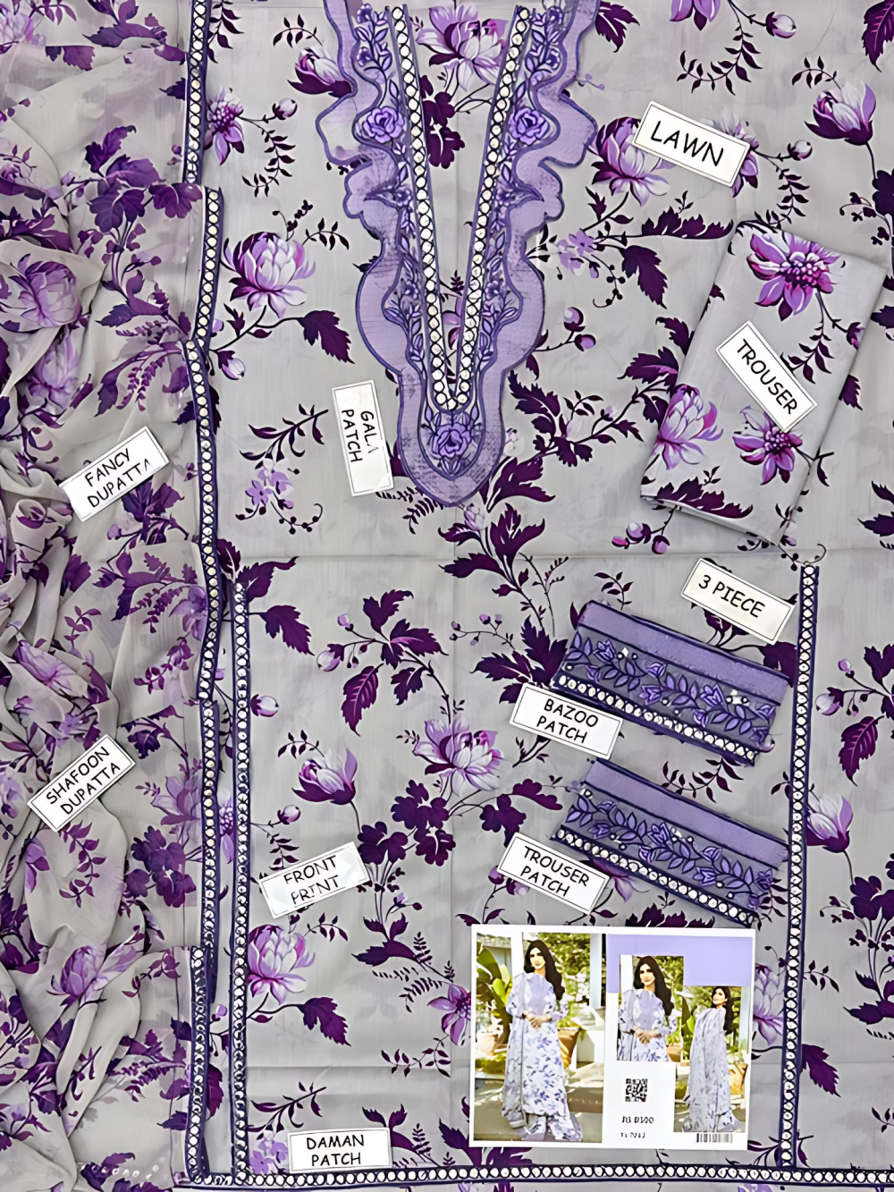 3 PCs Printed Lawn Embroidered Dress With Printed Chiffon Dupatta (Unstitched) (ST112) - Image 4