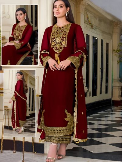 Asim Jofa Chiffon Heavy Embroidered Dress Chiffon Embroidery Dupatta Plain Trouser (UnStitched) (ST125)