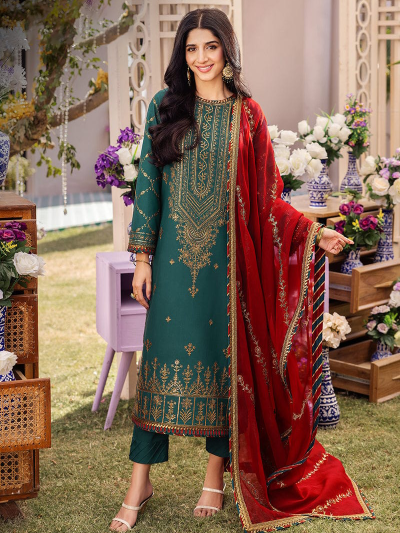 Asim Jofa Original Elegant Green Luxury Embroidered 3-Piece Suit on Jumbo Silk with Chiffon Dupatta – Unstitched (ST147)