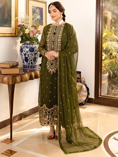 Chiffon Heavy Embroidered Dress With Chiffon 4 Sided Lace Border Dupatta 3 Pec Suite (UnStitched) (ST119)