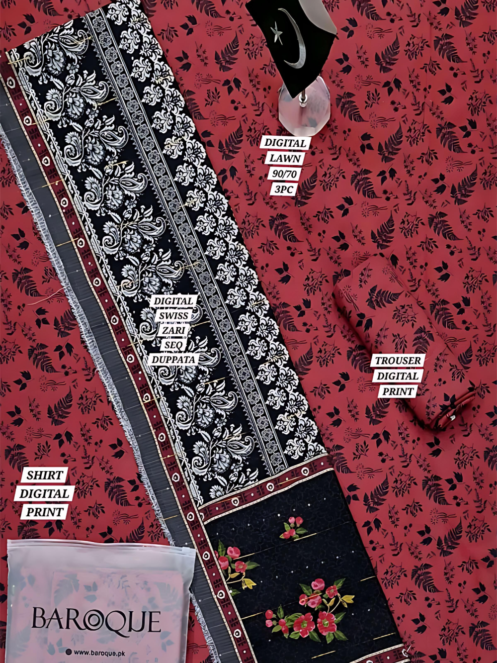 Digital Lawn Printed Dress With Swiss Zari Sequence Dupatta Lawn Trouser (Unstitched) (ST108) - Image 3