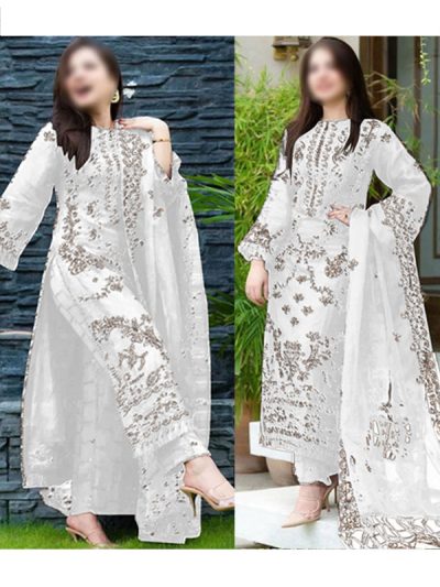 Elegant Cotton Heavy Embroidered Dress With Bamber Chiffon Embroidered Dupatta Plain Trouser (Unstitched) (ST111)