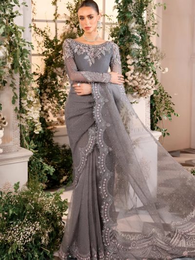 Luxury 3D Handwork Heavy Embroidered NET Bridal Saree 2024 (Unstitched) (ST145)