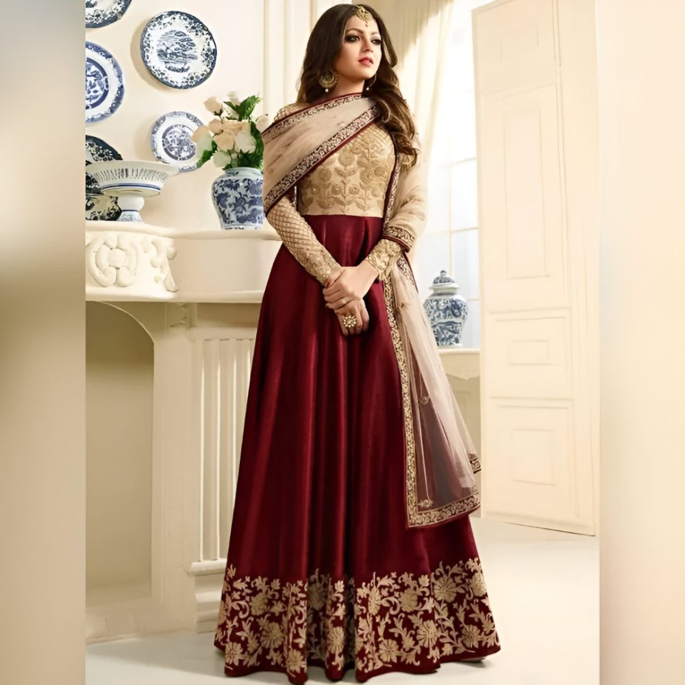 Indian Embroidered Maroon Chiffon Frock Dress (ST180)