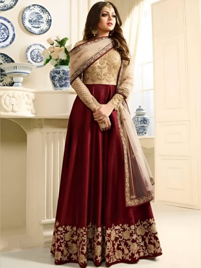 Indian Embroidered Maroon Chiffon Frock Dress (ST180)