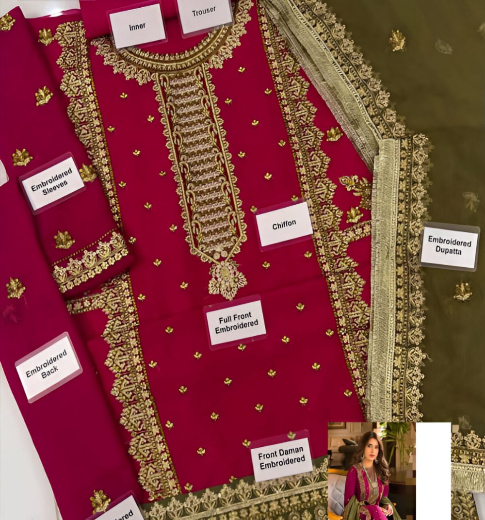 Heavy Embroidered Chiffon Dress With Laced EMB. Chiffon Dupatta (Unstitched) (ST143) - Image 3