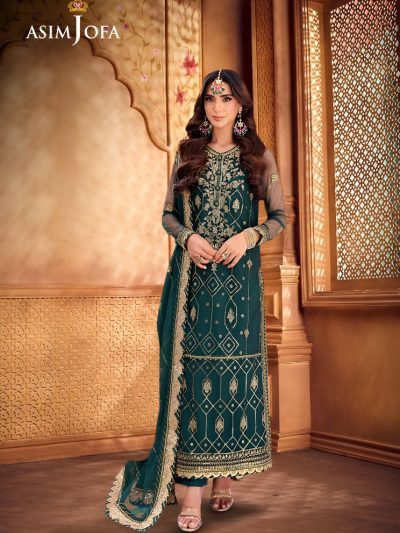 Asim Jofa Original Elegant Green Luxury Embroidered 3-Piece Suit on Jumbo Silk with Chiffon Dupatta – Unstitched (ST149)