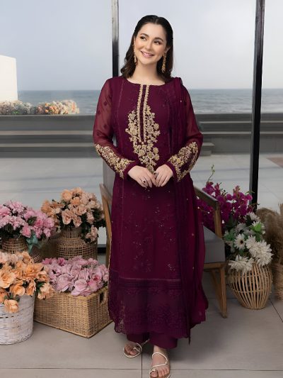Luxury Chiffon Heavy Embroidered Dress With Chiffon Embroidered Dupatta 3 Pec Suite (Unstitched) (ST210)