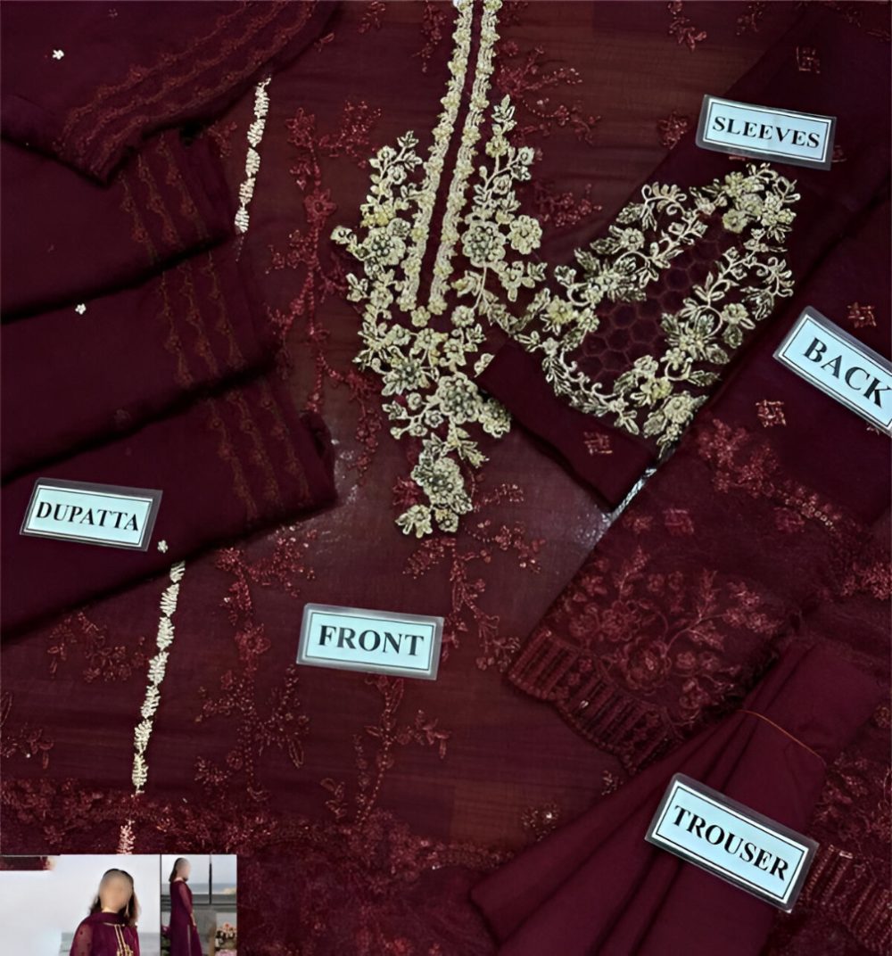 Luxury Chiffon Heavy Embroidered Dress With Chiffon Embroidered Dupatta 3 Pec Suite (Unstitched) (ST210) - Image 3