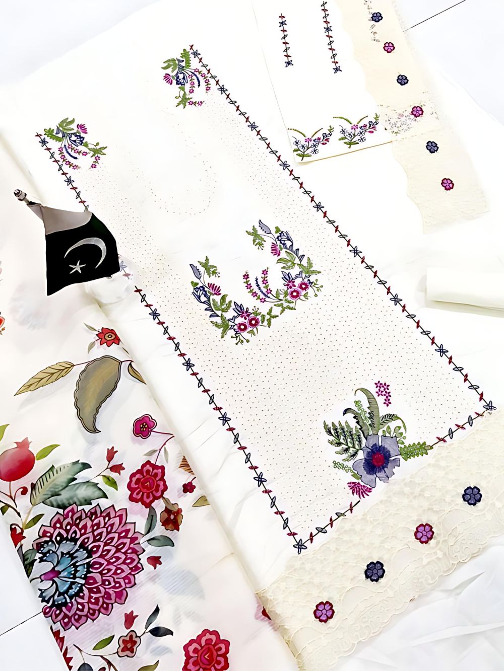 Qalamkar Lawn Heavy Headskip Booring Embroidry Dress Digital Printe Diamond Dupatta 3 Pec Suit (Unstitched) (ST113) - Image 4