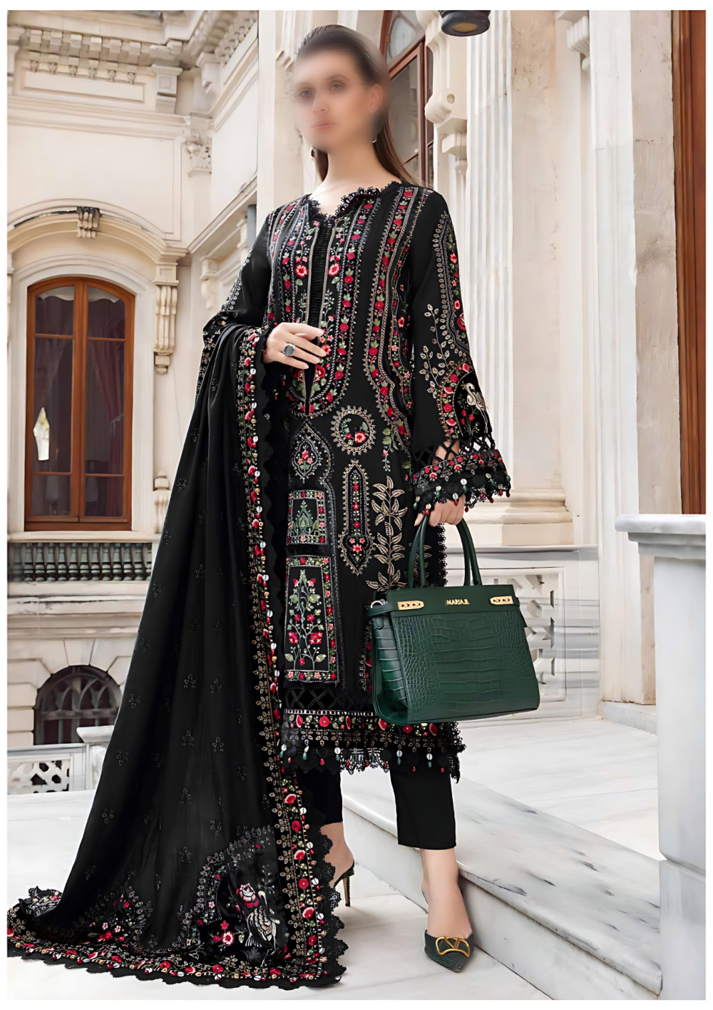 Elegant Cotton Heavy Embroidered Dress With Chiffon Embroidered Dupatta Plain Trouser (Unstitched) (ST114)