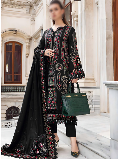 Elegant Cotton Heavy Embroidered Dress With Chiffon Embroidered Dupatta Plain Trouser (Unstitched) (ST114)