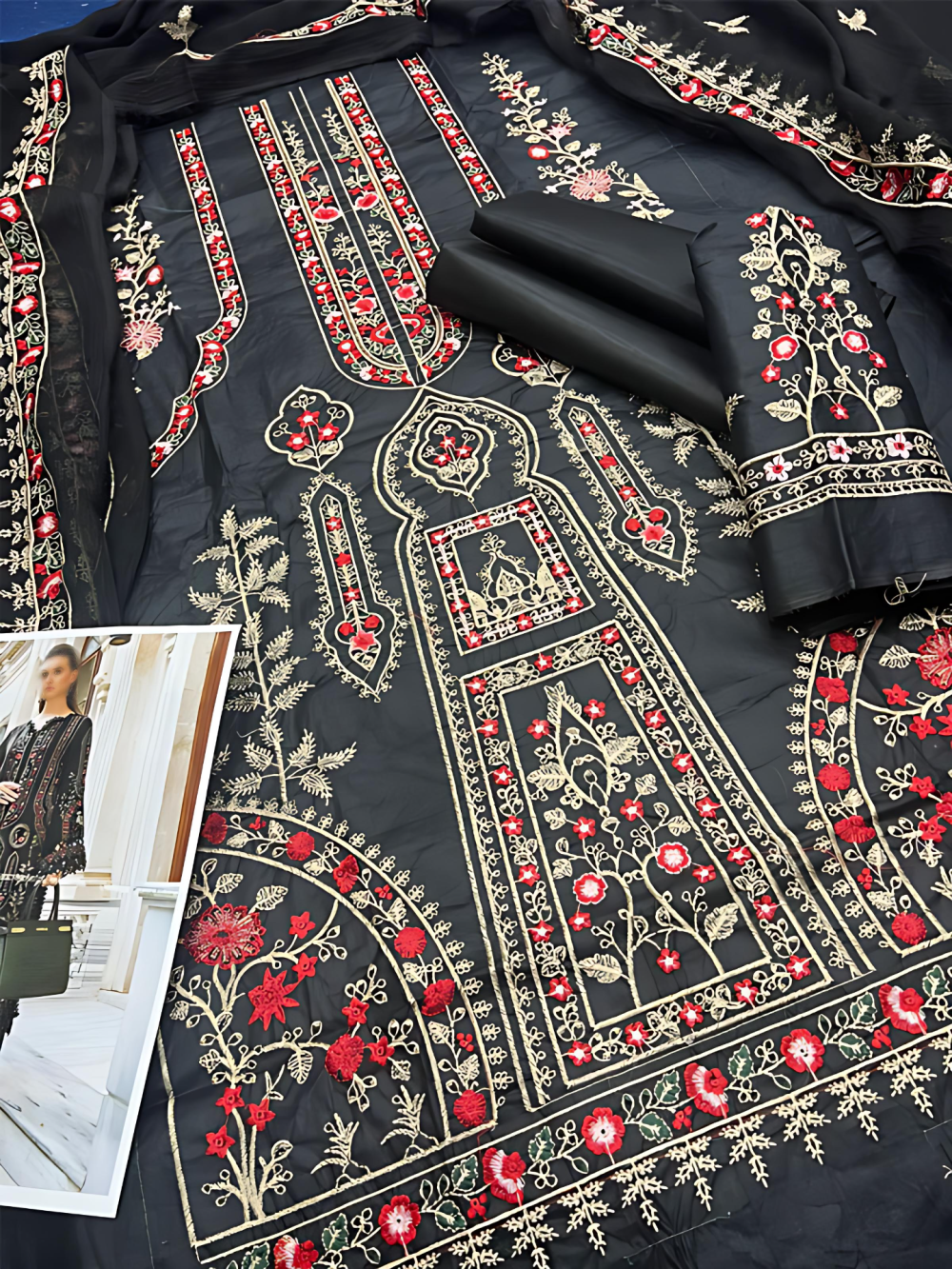 Elegant Cotton Heavy Embroidered Dress With Chiffon Embroidered Dupatta Plain Trouser (Unstitched) (ST114) - Image 2