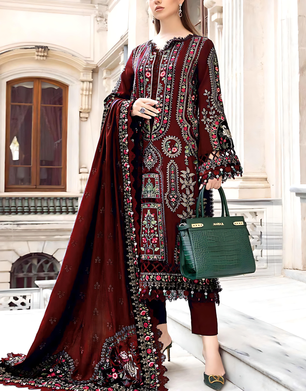 Luxury Cotton Heavy Embroidered Dress With Chiffon Embroidered Dupatta Plain Trouser (Unstitched) (ST115)