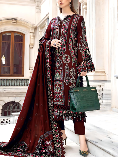 Luxury Cotton Heavy Embroidered Dress With Chiffon Embroidered Dupatta Plain Trouser (Unstitched) (ST115)