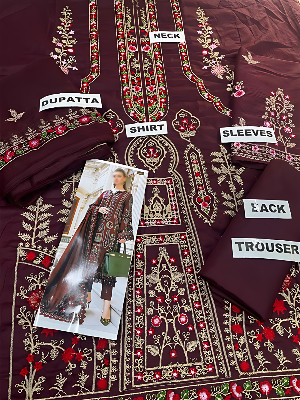 Luxury Cotton Heavy Embroidered Dress With Chiffon Embroidered Dupatta Plain Trouser (Unstitched) (ST115) - Image 2