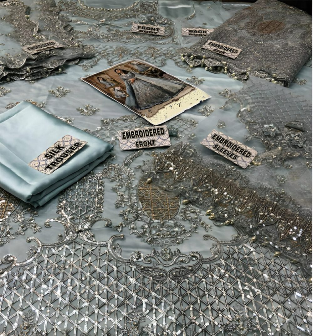 Wedding NET 3D Handwork & Heavy Embroidered Maxi Dress Heavy Embroidery Dupatta (ST139) - Image 2