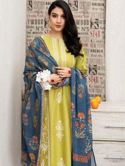 3 PCs Heavy Embroidered Lawn Dress With Printed Diamond Zari Dupatta (Unstitched) (ST206)