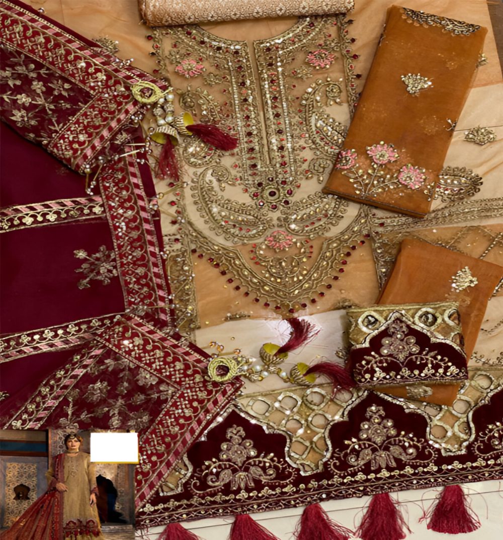 NET Heavy Embroidered Wedding Dress With Heavy Chiffon Embroidered Dupatta 3 Pec Suite (Unstitched) (ST166) - Image 3
