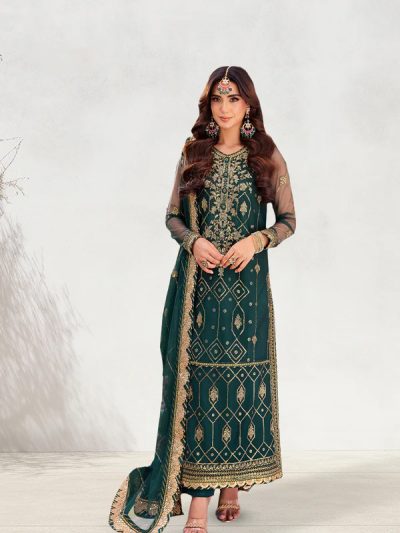 Asim Jofa Original Elegant Green Luxury Embroidered 3-Piece Suit on Jumbo Silk with Chiffon Dupatta – Unstitched (ST149)