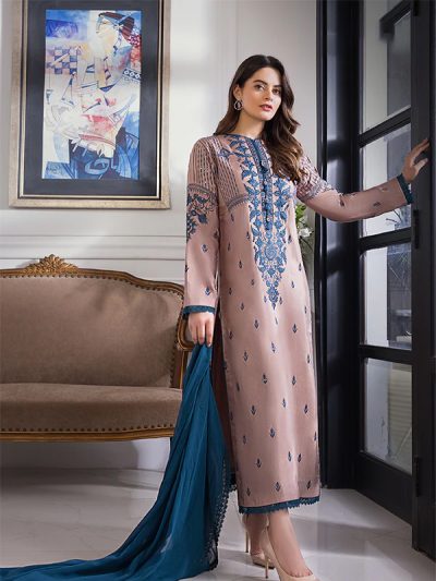 Luxury Cotton Lawn Embroidered Dress with Bamber Embroidered Chiffon Dupatta 3 Pec (UnStitched) (ST197)