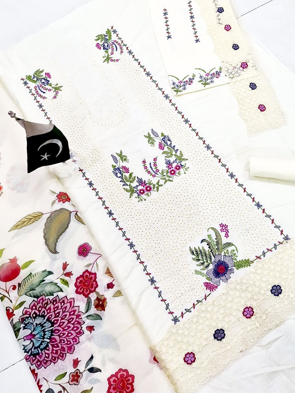 Qalamkar Lawn Heavy Headskip Booring Embroidry Dress Digital Printe Diamond Dupatta 3 Pec Suit (Unstitched) (ST255) - Image 3