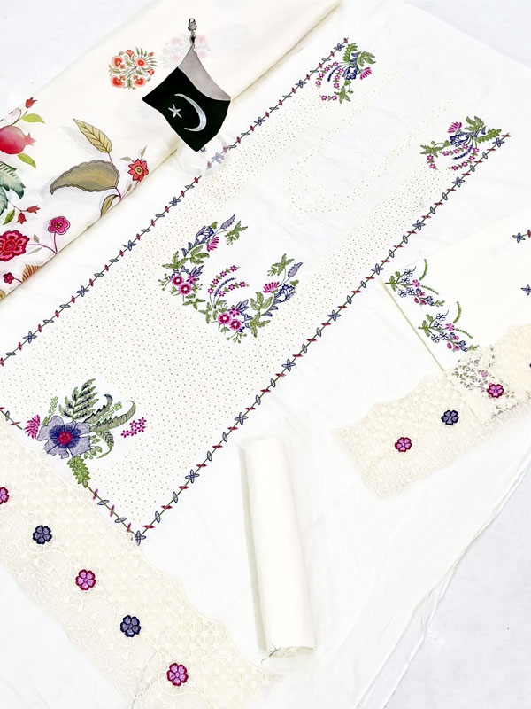 Qalamkar Lawn Heavy Headskip Booring Embroidry Dress Digital Printe Diamond Dupatta 3 Pec Suit (Unstitched) (ST255) - Image 4