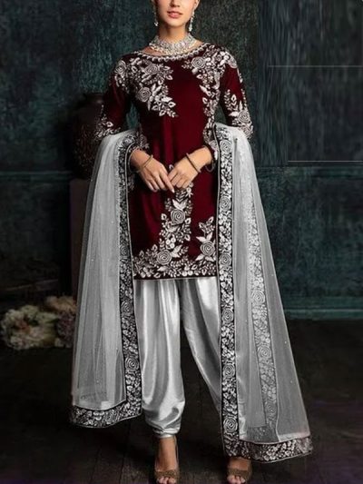 Silk Heavy Embroidered Dress With NET Embroidery Dress (Unstitched) (ST258)