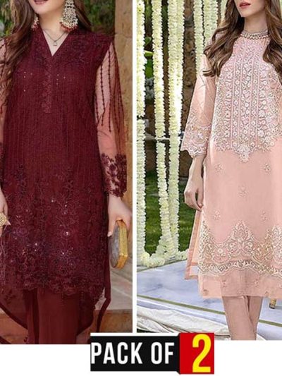 Pack of 2 Net Full Heavy Embroidery 2 Pec Party Wear Dress Sale 2025 (Deal-73)(ST240)