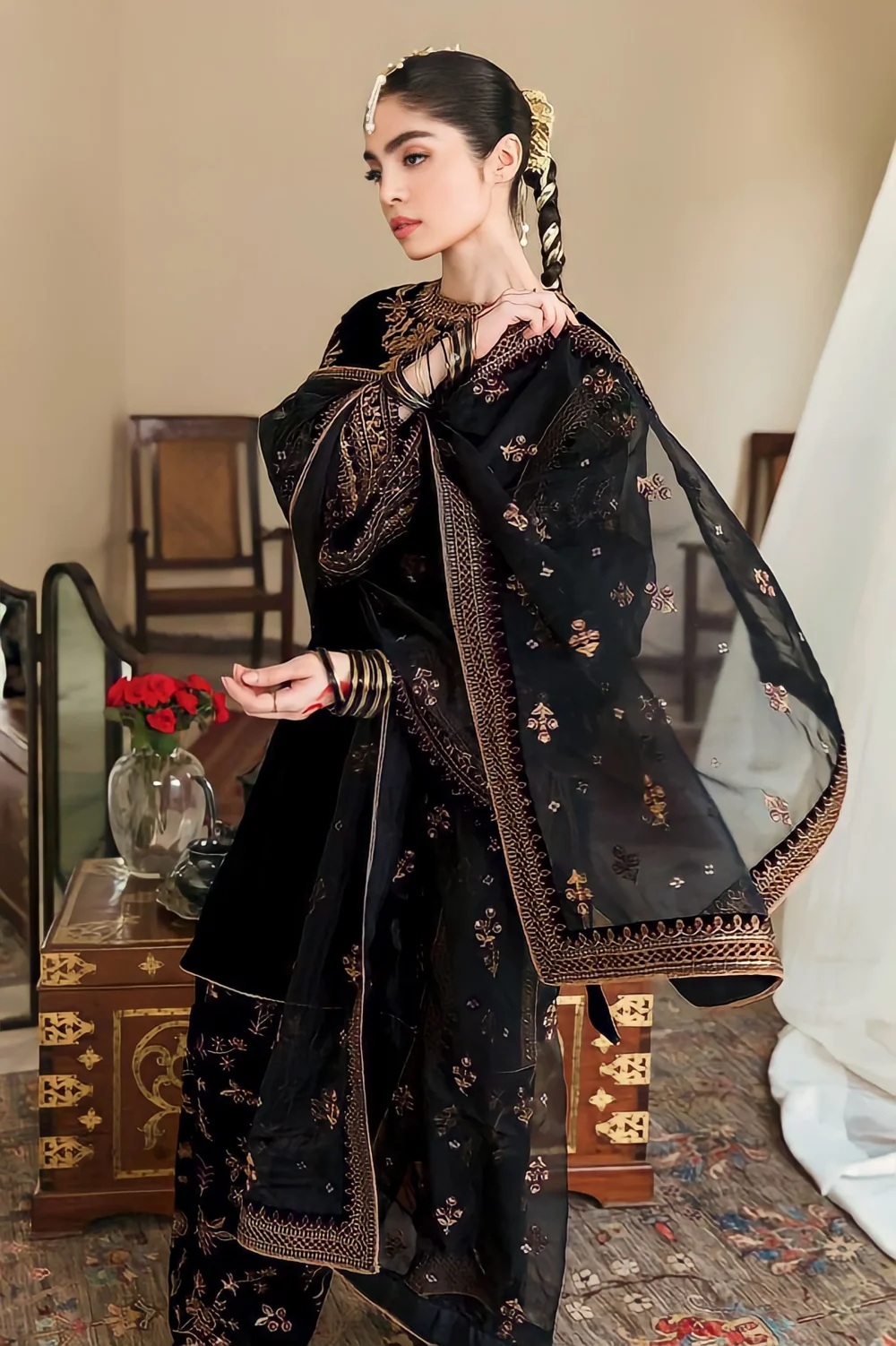 Velvet Luxury Embroidered Wedding Dress Net Embroidery Dupatta Silk Heavy Embroidery Trouser (Unstitched) (ST266) - Image 2