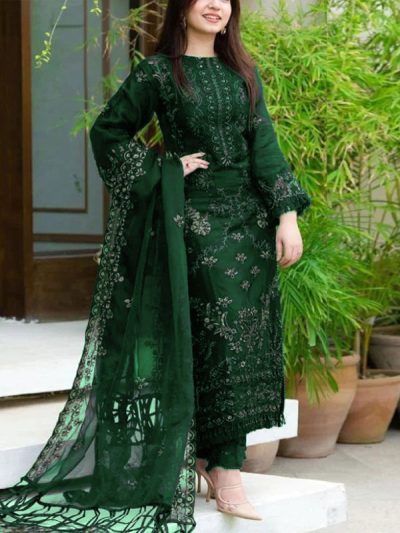 Elegant Cotton Heavy Embroidery Suit Bamber Chiffon Embroidered Dupatta 3 Pec Dress (ST253)
