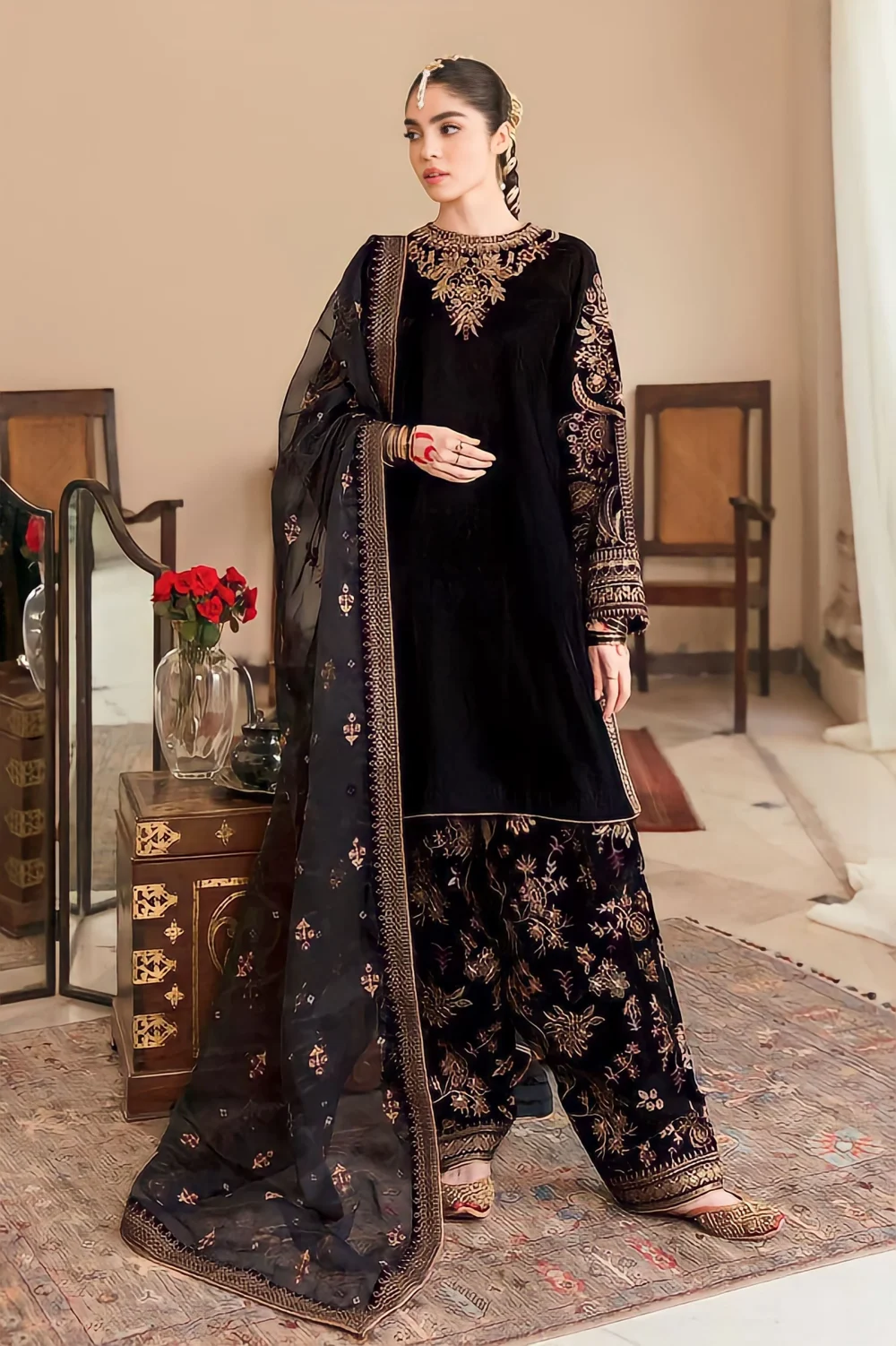 Velvet Luxury Embroidered Wedding Dress Net Embroidery Dupatta Silk Heavy Embroidery Trouser (Unstitched) (ST266)