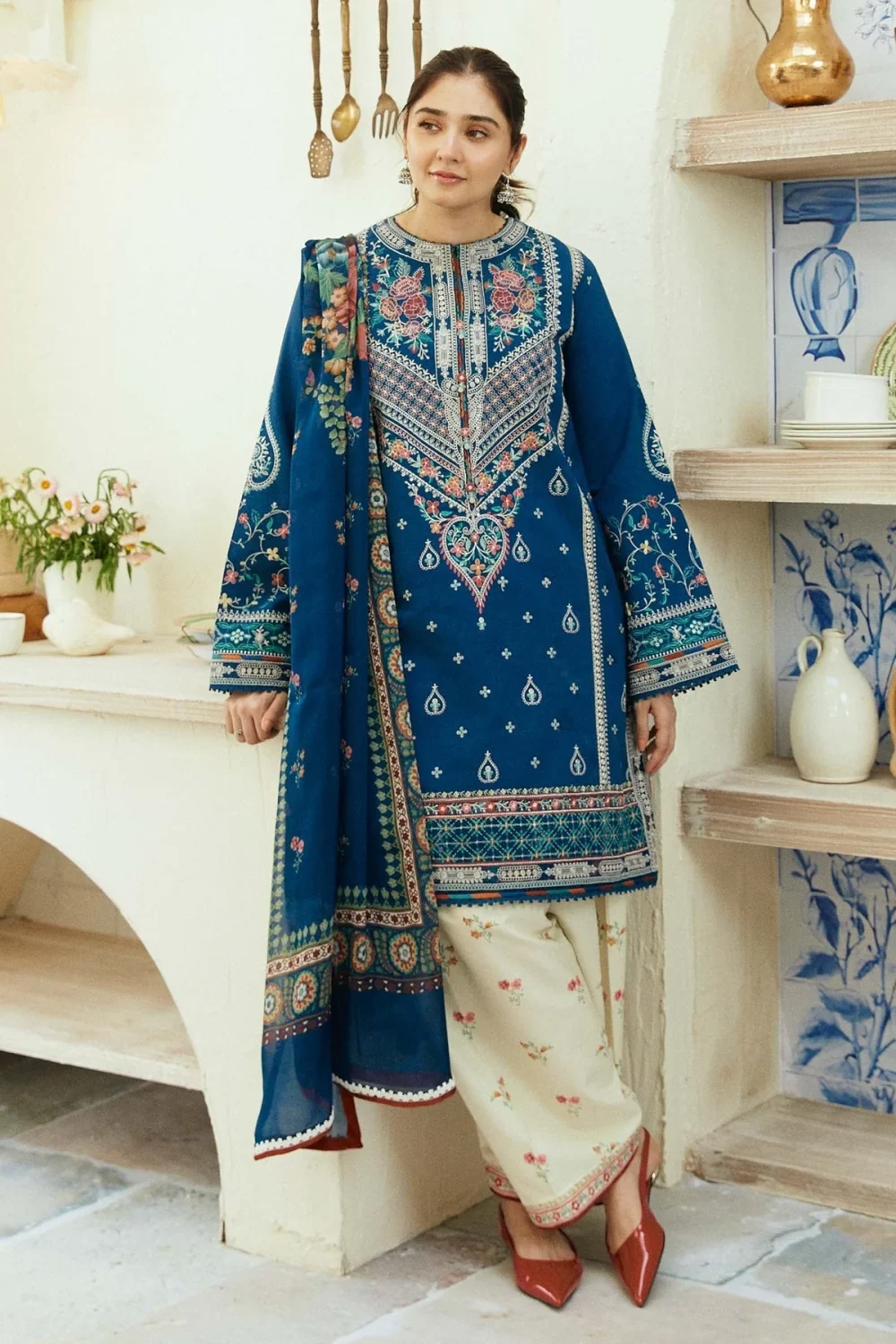 2 PCs Heavy Embroidered Lawn Dress With Embroidered Trouser (Unstitched) (ST232)
