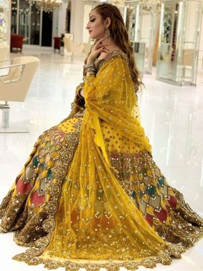 Luxury Mirror & Handwork Heavy Embroidered Net Mehndi Bridal Lehenga Dress (Unstitched) (ST226)