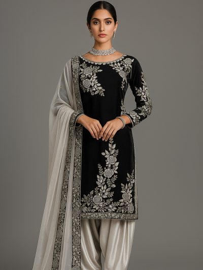 SILK Latest Embroidered Black Party Wear Dress 3 Pc Suite (Unstitched) (ST262)