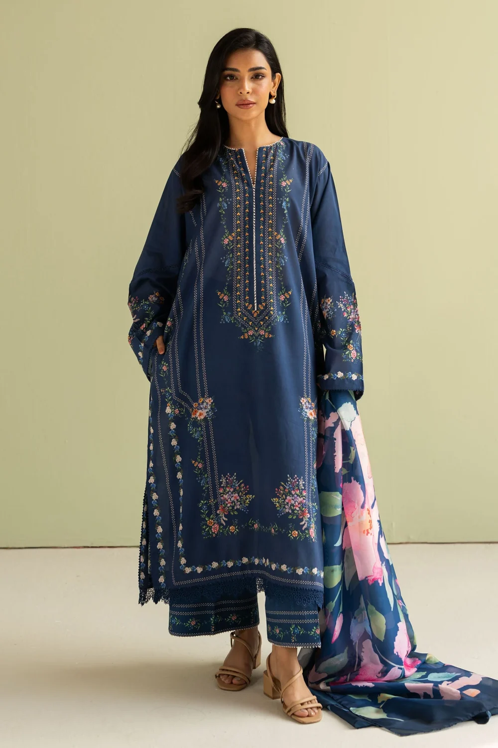 Dhanak Heavy Embroidered Dress With Kortai Printed Shawl (Unstitched) (ST281)