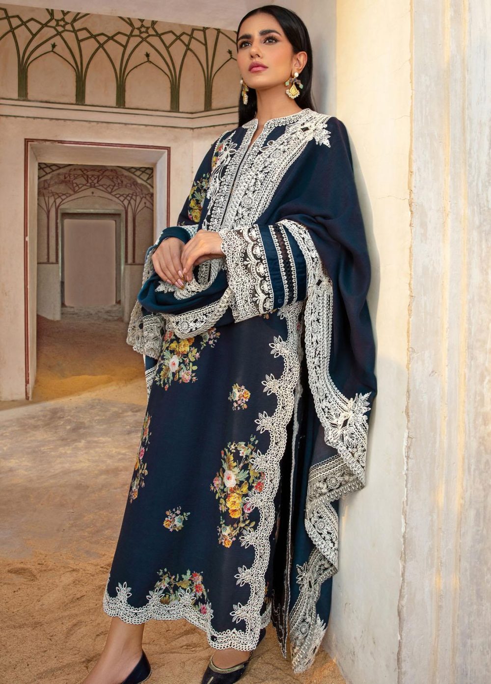 Dhanak Heavy Embroidered Dress With Kortai Printed Shawl (Unstitched) (ST282)