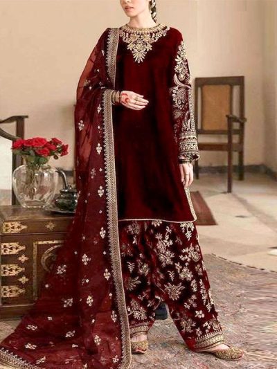 Velvet Luxury Embroidered Wedding Dress With Net Embroidered Dupatta Silk Heavy Embroidery Trouser (Unstitched) (ST274)