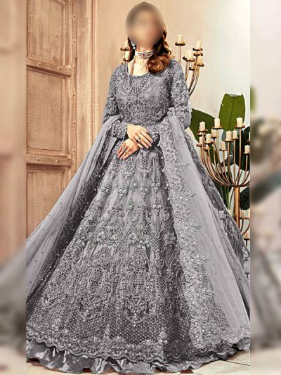 Luxurious 3D Handwork & Embroidered Net Bridal Maxi Dress (Unstitched) (ST271)