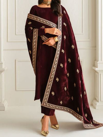 SHAWL - Velvet Embroidered Maroon Shawl (ST292)