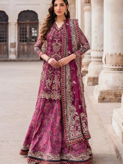 Chiffon Heavy Embroidered Party Wear Dress With Organza Embroidered Dupatta Shahmosh Silk Embroidery Sharara (Unstitched) (CHI-1013)