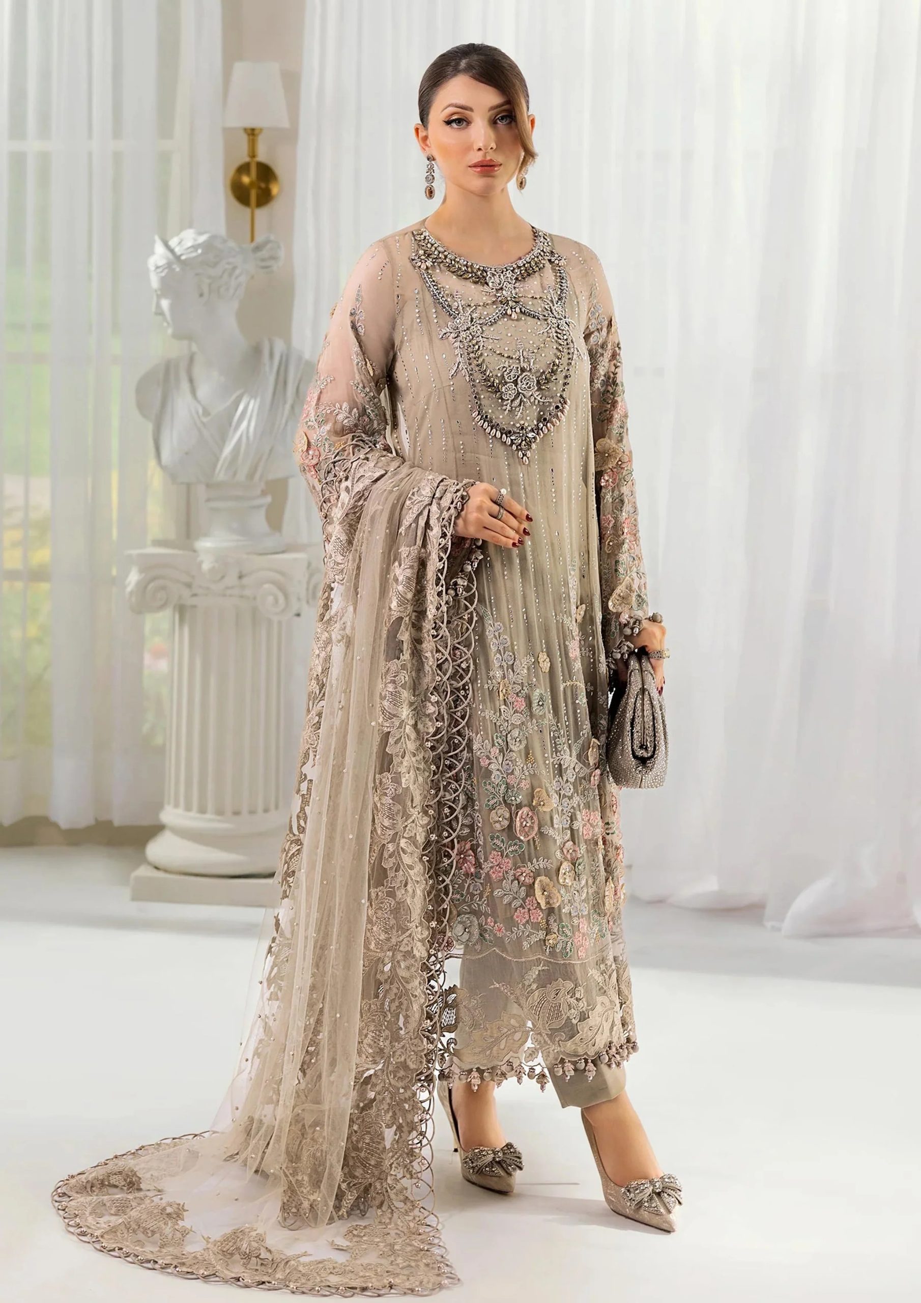 Chiffon Latest Collection 3D Handwork Heavy Embroidered Wedding Dress (Unstitched) (ST316)