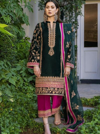 High Fashion Embroidered Bottle Green Velvet Dress with Embroidered Organza Dupatta (Unstitched) (ST310)