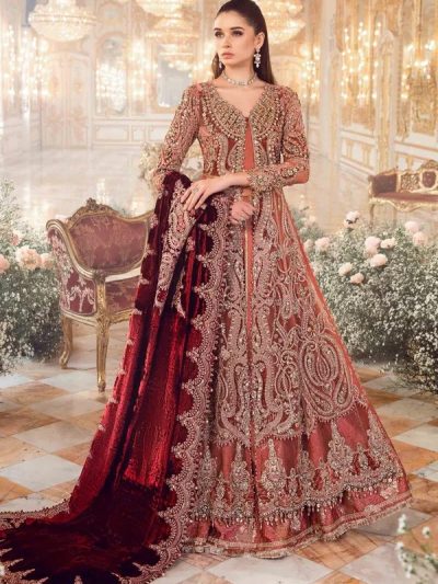 Luxurious Intricate Embroidered Rust Orange Net Maxi Dress (Unstitched) (ST318)