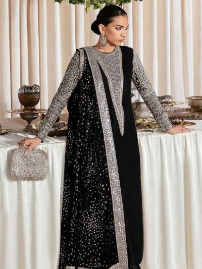 Raw Silk Long Neckline & Sleeves Hand Work Wedding Dress (Unstitched) (ST315)